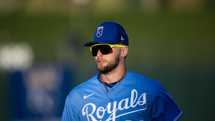 Mar 4, 2023; Surprise, Arizona, USA; Kansas City Royals designated hitter Carter Jensen against the Los Angeles Dodgers during a spring training game at Surprise Stadium. Mandatory Credit: Mark J. Rebilas-Imagn Images Mar 4, 2023; Surprise, Arizona, USA; Kansas City Royals designated hitter Carter Jensen against the Los Angeles Dodgers during a spring training game at Surprise Stadium. Mandatory Credit: Mark J. Rebilas-Imagn Images