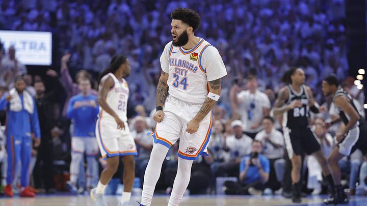 May 26, 2026; Oklahoma City, Oklahoma, USA; Oklahoma City Thunder guard Kenrich Williams (34) reacts after a play during the first quarter against the San Antonio Spurs in game five of the western conference finals for the 2026 NBA playoffs at Paycom Center. Mandatory Credit: Alonzo Adams-Imagn Images May 26, 2026; Oklahoma City, Oklahoma, USA; Oklahoma City Thunder guard Kenrich Williams (34) reacts after a play during the first quarter against the San Antonio Spurs in game five of the western conference finals for the 2026 NBA playoffs at Paycom Center. Mandatory Credit: Alonzo Adams-Imagn Images