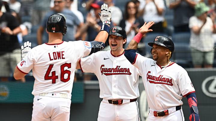 Aug 6, 2026; Cleveland, Ohio, USA; Cleveland Guardians first baseman Nathaniel Lowe (46) celebrates with right fielder Chase DeLauter (24) and third baseman Jose Ramirez (11) after hitting a three-run home run during the fifth inning against the New York Mets at Progressive Field. Mandatory Credit: Ken Blaze-Imagn Images