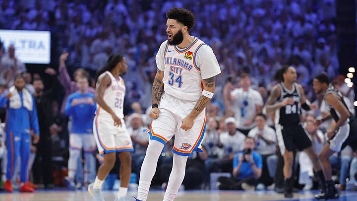 May 26, 2026; Oklahoma City, Oklahoma, USA; Oklahoma City Thunder guard Kenrich Williams (34) reacts after a play during the first quarter against the San Antonio Spurs in game five of the western conference finals for the 2026 NBA playoffs at Paycom Center. Mandatory Credit: Alonzo Adams-Imagn Images May 26, 2026; Oklahoma City, Oklahoma, USA; Oklahoma City Thunder guard Kenrich Williams (34) reacts after a play during the first quarter against the San Antonio Spurs in game five of the western conference finals for the 2026 NBA playoffs at Paycom Center. Mandatory Credit: Alonzo Adams-Imagn Images