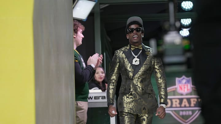 Wide Receiver Matthew Golden of Texas heads to the stage after being selected twenty-third overall pick by the Green Bay Packers during the first round of the 2025 NFL Draft at Lambeau Field on April 24, 2025 in Green Bay.