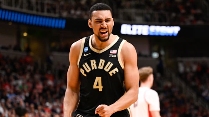 Mar 28, 2026; San Jose, CA, USA; Purdue Boilermakers forward Trey Kaufman-Renn (4) reacts in the first half against the Arizona Wildcats during an Elite Eight game of the West Regional of the men's 2026 NCAA Tournament at SAP Center. Mandatory Credit: Eakin Howard-Imagn Images
