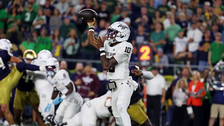 Texas A&M Aggies quarterback Marcel Reed (10) runs the ball during the first half against the Notre Dame Fighting Irish at Notre Dame Stadium. Texas A&M Aggies quarterback Marcel Reed (10) runs the ball during the first half against the Notre Dame Fighting Irish at Notre Dame Stadium.