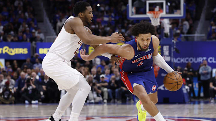 May 13, 2026; Detroit, Michigan, USA; Detroit Pistons guard Cade Cunningham (2) dribbles defended by Cleveland Cavaliers guard Donovan Mitchell (45) in the second half during game five of the second round of the 2026 NBA Playoffs at Little Caesars Arena. Mandatory Credit: Rick Osentoski-Imagn Images May 13, 2026; Detroit, Michigan, USA; Detroit Pistons guard Cade Cunningham (2) dribbles defended by Cleveland Cavaliers guard Donovan Mitchell (45) in the second half during game five of the second round of the 2026 NBA Playoffs at Little Caesars Arena. Mandatory Credit: Rick Osentoski-Imagn Images