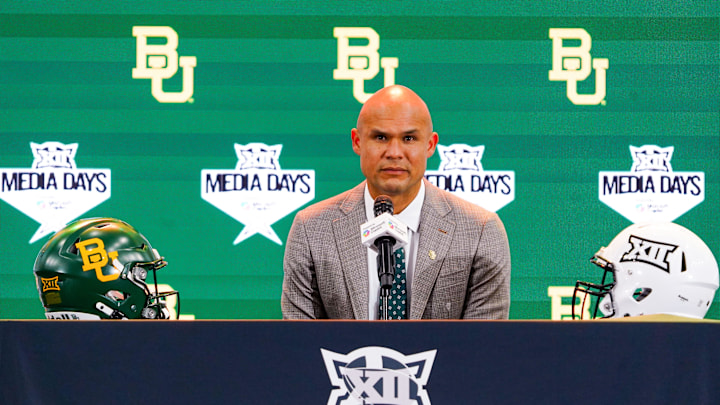 Baylor head coach Dave Aranda addresses the media during 2025 Big 12 Football Media Days at The Star