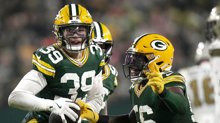 Green Bay Packers safety Zayne Anderson (39) reacts after intercepting a pass thrown by New Orleans Saints quarterback Spencer Rattler.