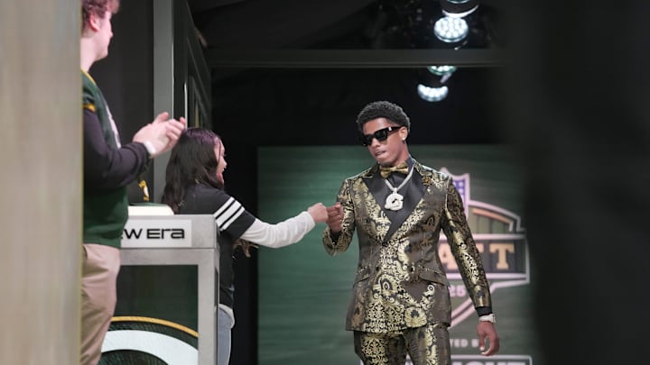 Wide receiver Matthew Golden of Texas heads to the stage after being selected as the 23rd pick by the Green Bay Packers.