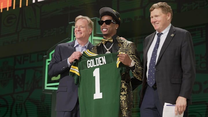 Matthew Golden poses with NFL Commissioner Roger Goodell and Packers President Mark Murphy after being a first-round pick by Green Bay.