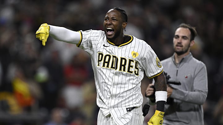 Jun 24, 2024; San Diego, California, USA; San Diego Padres left fielder Jurickson Profar (10) celebrates after hitting a walk-off single against the Washington Nationals at Petco Park. Mandatory Credit: Orlando Ramirez-USA TODAY Sports