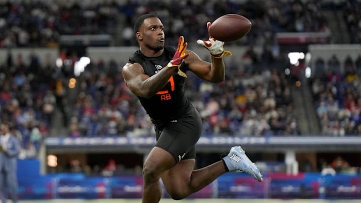 Mar 1, 2025; Indianapolis, IN, USA; Southern California running back Woody Marks (RB21) during the 2025 NFL Combine at Lucas Oil Stadium. Mandatory Credit: Kirby Lee-Imagn Images