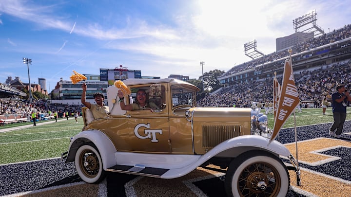 Oct 25, 2025; Atlanta, Georgia, USA; Georgia Tech Yellow Jackets car the Ramblin' Wreck on the field after a victory over the Syracuse Orange at Bobby Dodd Stadium at Hyundai Field. Mandatory Credit: Brett Davis-Imagn Images Oct 25, 2025; Atlanta, Georgia, USA; Georgia Tech Yellow Jackets car the Ramblin' Wreck on the field after a victory over the Syracuse Orange at Bobby Dodd Stadium at Hyundai Field. Mandatory Credit: Brett Davis-Imagn Images
