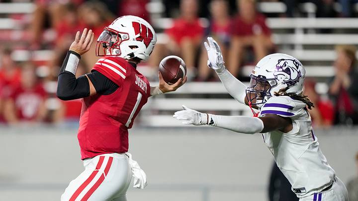 Sep 12, 2026; Madison, Wisconsin, USA;  Wisconsin Badgers quarterback Colton Joseph (1) throws a pass during the fourth quarter against the Western Illinois Leathernecks at Camp Randall Stadium. Mandatory Credit: Jeff Hanisch-Imagn Images