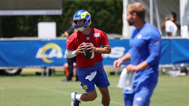 Jul 31, 2024; Los Angeles, CA, USA;  Los Angeles Rams quarterback Matthew Stafford (9) participates in jog through during training camp at Loyola Marymount University. Mandatory Credit: Kiyoshi Mio-USA TODAY Sports