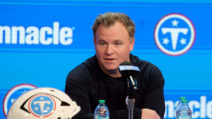 Titans general manager Mike Borgonzi speaks to members of the media during a pre NFL draft press conference held at the Titans practice facility Thursday, April 16, 2026.