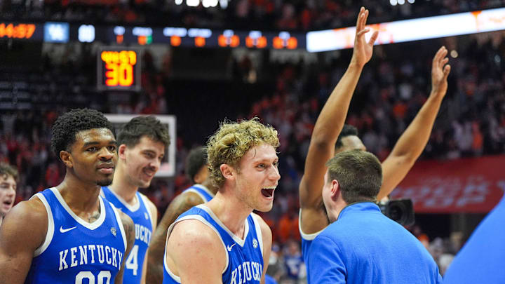 Kentucky guard Collin Chandler (5) yells in celebration after winning against the Tennessee Volunteers at Thompson-Boling Arena at Food City Center in Knoxville, Tenn., on Jan. 17, 2026.