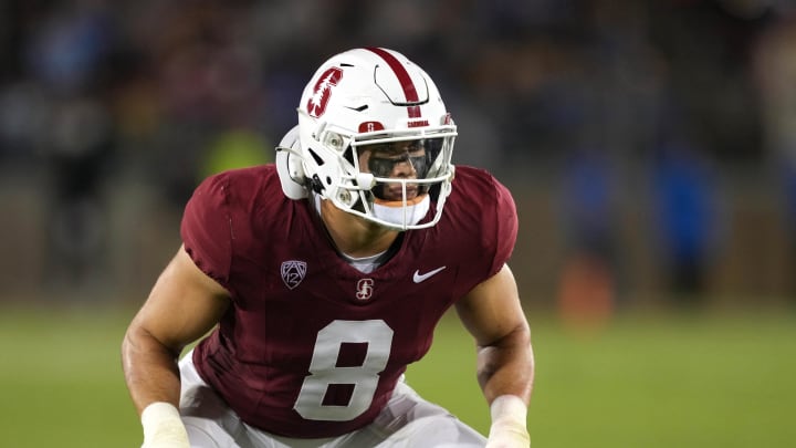 Oct 21, 2023; Stanford, California, USA; Stanford Cardinal linebacker Tristan Sinclair (8) during the second quarter against the UCLA Bruins at Stanford Stadium. Mandatory Credit: Darren Yamashita-USA TODAY Sports