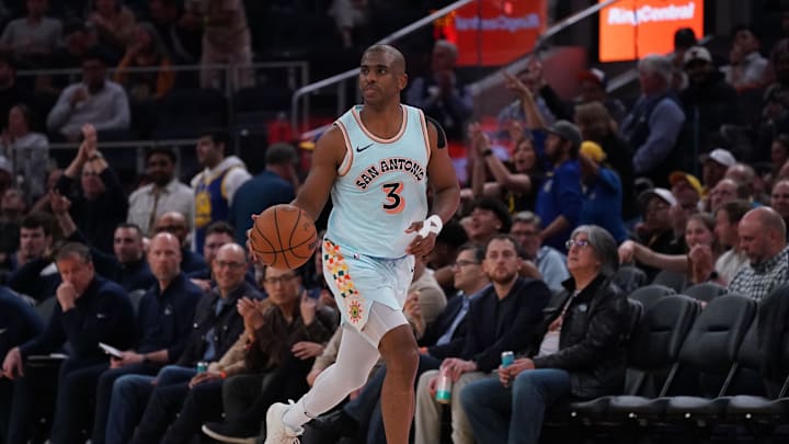 Apr 9, 2025; San Francisco, California, USA;  San Antonio Spurs guard Chris Paul (3) dribbles upcourt against the Golden State Warriors in the third quarter at Chase Center. Mandatory Credit: David Gonzales-Imagn Images