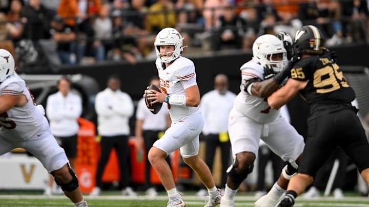 Oct 26, 2024; Nashville, Tennessee, USA; Texas Longhorns quarterback Quinn Ewers (3) stands in the pocket against the Vanderbilt Commodores during the first half at FirstBank Stadium. Mandatory Credit: Steve Roberts-Imagn Images