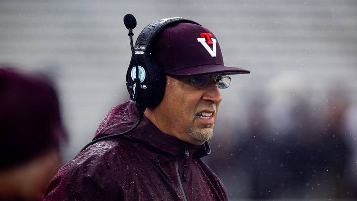 Sep 26, 2026; Chestnut Hill, Massachusetts, USA; Virginia Tech head coach James Franklin looks on in the second half against the Boston College Eagles at Alumni Stadium. Mandatory Credit: Edward Finan-Imagn Images