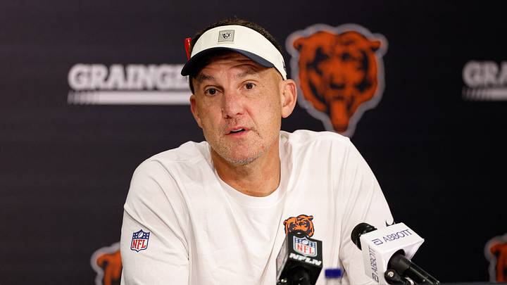 Jul 29, 2026; Lake Forest, IL, USA; Chicago Bears defensive coordinator Dennis Allen speaks during Chicago Bears Training Camp at Halas Hall. Mandatory Credit: Kamil Krzaczynski-Imagn Images