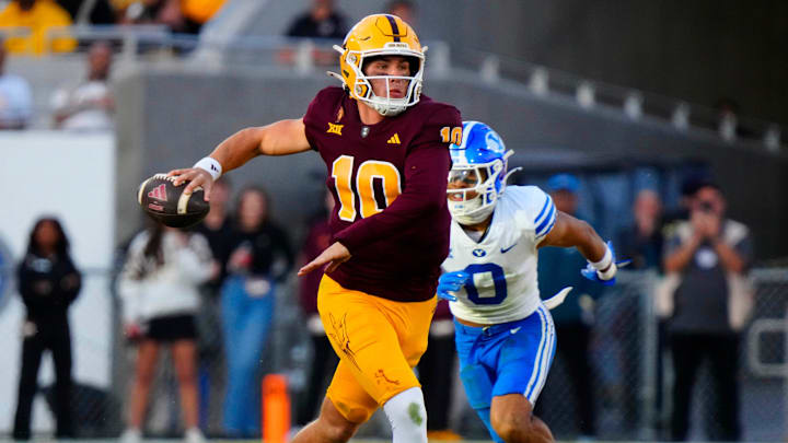 Arizona State quarterback Sam Leavitt (10) throws a pass against BYU during the second half at Mountain America Stadium in Tempe on Nov. 23, 2024.