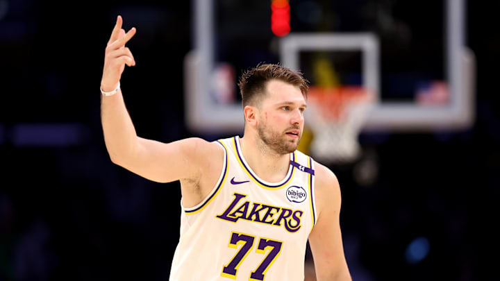 Luka hasn't had many opportunities yet as a Laker to hold three fingers up after making an outside shot