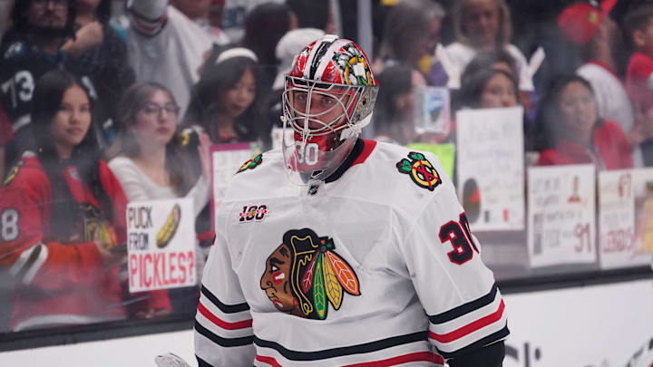 Apr 6, 2026; San Jose, California, USA;  Chicago Blackhawks goalie Spencer Knight (30) warms up before the game against the San Jose Sharks at SAP Center at San Jose. Mandatory Credit: David Gonzales-Imagn Images