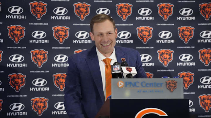 Jan 22, 2025; Lake Forest, IL, USA; Chicago Bears head coach Ben Johnson answers questions during a introductory press conference at PNC Center. Mandatory Credit: David Banks-Imagn Images