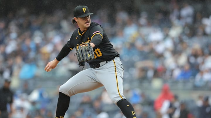 Bronx, New York, USA; Pittsburgh Pirates starting pitcher Paul Skenes (30) pitches against the New York Yankees during the second inning at Yankee Stadium.