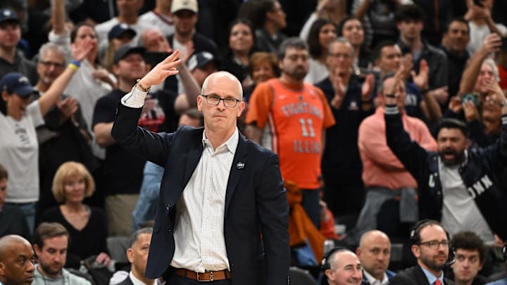 Mar 30, 2024; Boston, MA, USA; Connecticut Huskies head coach Dan Hurley reacts against the Illinois Fighting Illini in the finals of the East Regional of the 2024 NCAA Tournament at TD Garden. Mandatory Credit: Brian Fluharty-Imagn Images