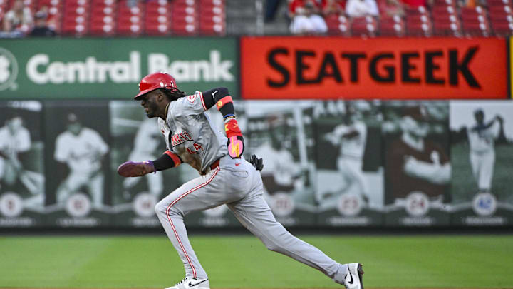 Sep 10, 2024; St. Louis, Missouri, USA;  Cincinnati Reds shortstop Elly De La Cruz (44) steals third base against the St. Louis Cardinals during the first inning at Busch Stadium. Mandatory Credit: Jeff Curry-Imagn Images