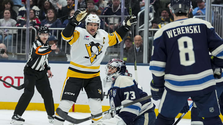 Pittsburgh center Sidney Crosby celebrates a goal against the Blue Jackets last week. 