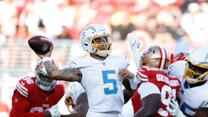Los Angeles Chargers quarterback Trey Lance (5) drops back to pass during the first quarter against the San Francisco 49ers at Levi's Stadium.