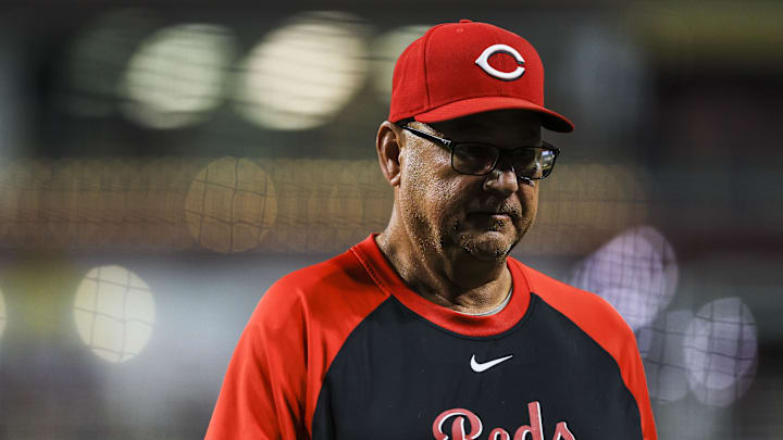 Sep 23, 2025; Cincinnati, Ohio, USA; Cincinnati Reds manager Terry Francona (77) walks off the field during a pitching change in the sixth inning against the Pittsburgh Pirates at Great American Ball Park. Mandatory Credit: Katie Stratman-Imagn Images