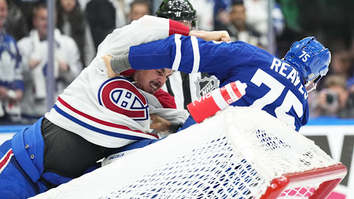 Oct 11, 2023; Toronto, Ontario, CAN; Toronto Maple Leafs right wing Ryan Reaves (75) fights with