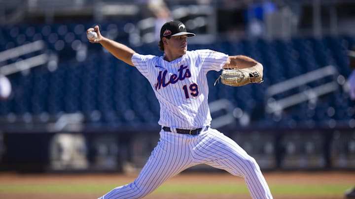 Oct 7, 2022; Peoria, Arizona, USA; New York Mets pitcher Mike Vasil plays for the Peoria Javelinas during an Arizona Fall League baseball game at Peoria Sports Complex. Mandatory Credit: Mark J. Rebilas-Imagn Images