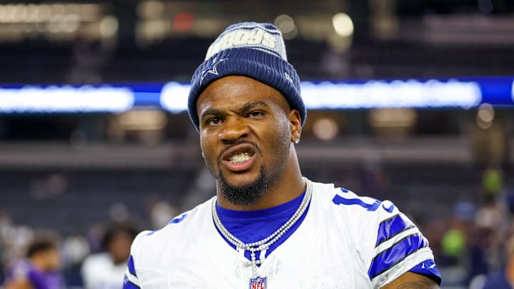 Aug 16, 2025; Arlington, Texas, USA;  Dallas Cowboys defensive end Micah Parsons (11) reacts after the game against the Baltimore Ravens at AT&T Stadium. Mandatory Credit: Kevin Jairaj-Imagn Images