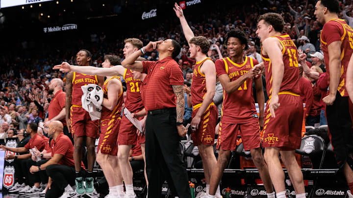 Mar 13, 2026; Kansas City, MO, USA; Iowa State Cyclones bench reacts after a play during the second half against the Arizona Wildcats at T-Mobile Center. Mar 13, 2026; Kansas City, MO, USA; Iowa State Cyclones bench reacts after a play during the second half against the Arizona Wildcats at T-Mobile Center.