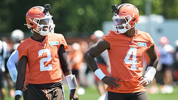 Jul 30, 2026; Berea, OH, USA; Cleveland Browns quarterback Shedeur Sanders (2) and quarterback Deshaun Watson (4) talk during training camp at CrossCountry Mortgage Campus. Mandatory Credit: Ken Blaze-Imagn Images