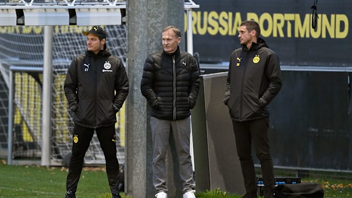 Borussia Dortmund head coach Edin Terzic, CEO Hans-Joachim Watzke and sporting director Sebastian Kehl