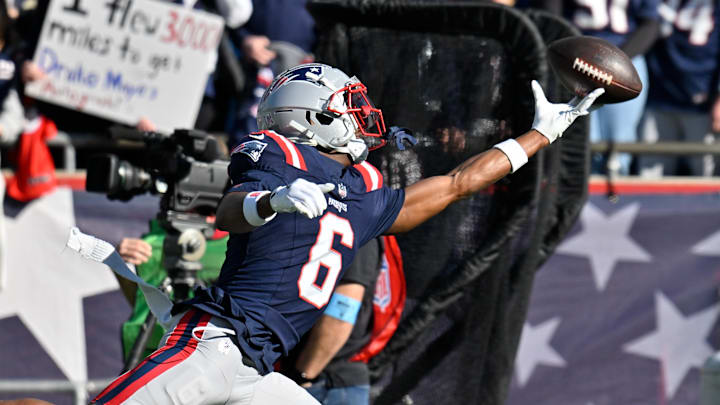 Nov 17, 2024; Foxborough, Massachusetts, USA;  New England Patriots wide receiver Javon Baker (6) warms up before a game against the Los Angeles Rams at Gillette Stadium. Mandatory Credit: Eric Canha-Imagn Images