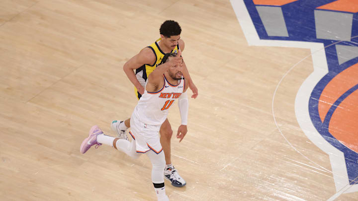 New York Knicks guard Jalen Brunson reacts in the fourth quarter against the Indiana Pacers. Mandatory Credit: Brad Penner-Imagn Images