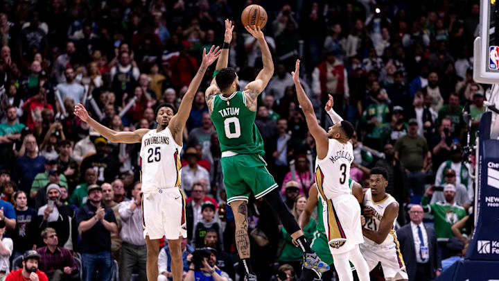 Jan 31, 2025; New Orleans, Louisiana, USA; Boston Celtics forward Jayson Tatum (0) makes a basket to give them the lead against the New Orleans Pelicans with .2 seconds left on the clock during the second half at Smoothie King Center. Mandatory Credit: Stephen Lew-Imagn Images Jan 31, 2025; New Orleans, Louisiana, USA; Boston Celtics forward Jayson Tatum (0) makes a basket to give them the lead against the New Orleans Pelicans with .2 seconds left on the clock during the second half at Smoothie King Center. Mandatory Credit: Stephen Lew-Imagn Images