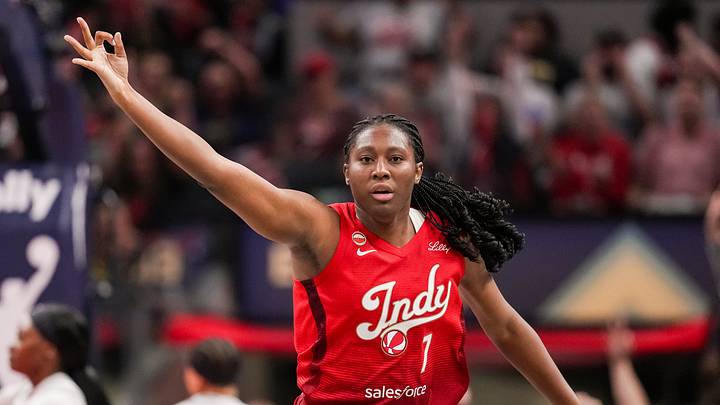 Indiana Fever center Aliyah Boston (7) celebrates a three-point basket on Thursday, Aug. 6, 2026, during the game at Gainbridge Fieldhouse in Indianapolis.