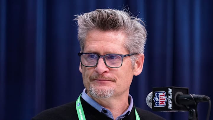 Feb 25, 2020; Indianapolis, Indiana, USA; Atlanta Falcons general manager Thomas Dimitroff speaks during the NFL Scouting Combine at the Indiana Convention Center. Mandatory Credit: Kirby Lee-Imagn Images