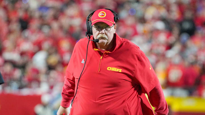 Oct 7, 2024; Kansas City, Missouri, USA; Kansas City Chiefs head coach Andy Reid watches play against the New Orleans Saints during the second half at GEHA Field at Arrowhead Stadium. Mandatory Credit: Denny Medley-Imagn Images