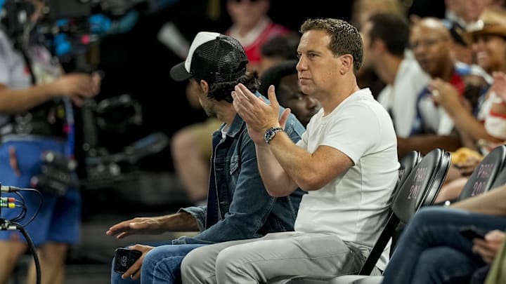 Aug 9, 2024; Paris, France; Mat Ishbia, owner of the Phoenix Suns of the NBA and the Phoenix Mercury of the WNBA, watches during a women's basketball semifinal game during the Paris 2024 Olympic Summer Games at Accor Arena. Mandatory Credit: Kyle Terada-Imagn Images