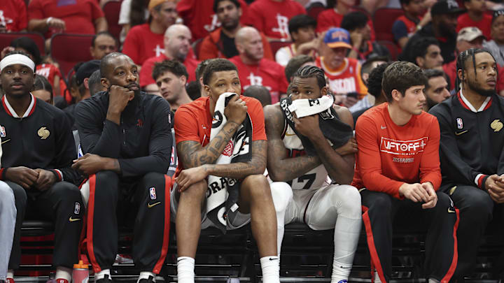 May 4, 2025; Houston, Texas, USA; Houston Rockets forward Jabari Smith Jr. (middle left) and forward Tari Eason (middle right) hold towels on their faces during game seven of the first round for the 2025 NBA Playoffs against the Golden State Warriors at Toyota Center. Mandatory Credit: Troy Taormina-Imagn Images May 4, 2025; Houston, Texas, USA; Houston Rockets forward Jabari Smith Jr. (middle left) and forward Tari Eason (middle right) hold towels on their faces during game seven of the first round for the 2025 NBA Playoffs against the Golden State Warriors at Toyota Center. Mandatory Credit: Troy Taormina-Imagn Images