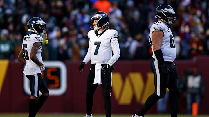Dec 22, 2024; Landover, Maryland, USA; Philadelphia Eagles quarterback Kenny Pickett (7) waits for a play call against the Washington Commanders at Northwest Stadium. Dec 22, 2024; Landover, Maryland, USA; Philadelphia Eagles quarterback Kenny Pickett (7) waits for a play call against the Washington Commanders at Northwest Stadium.