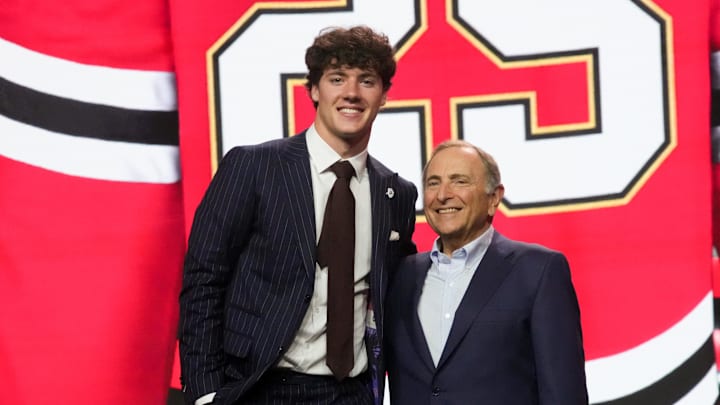 Jun 27, 2025; Los Angeles, California, USA; Mason West is selected as the 29th overall pick to the Chicago Blackhawks in the first round of the 2025 NHL Draft at Peacock Theater. Mandatory Credit: Kirby Lee-Imagn Images